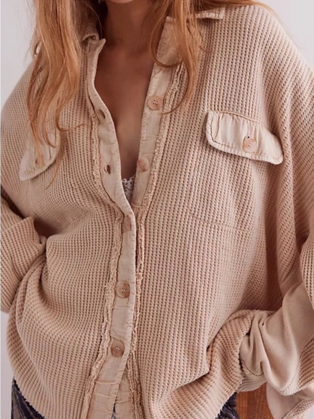Free People Beige Knit Button-Up Jacket